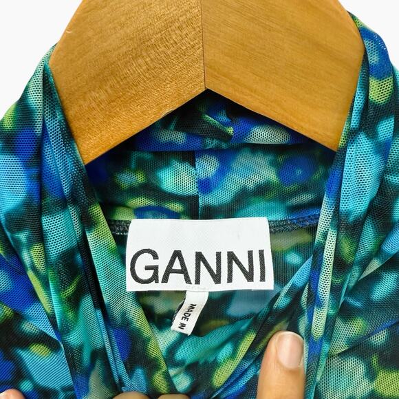 GANNI Mesh Turtle Neck Top‎ Long Sleeves Blue Flower Women’s Size 36 (US 4) - Picture 4 of 9